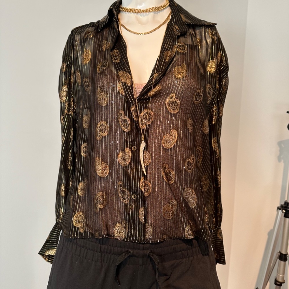 Zara Black Sheer Blouse with gold paisley